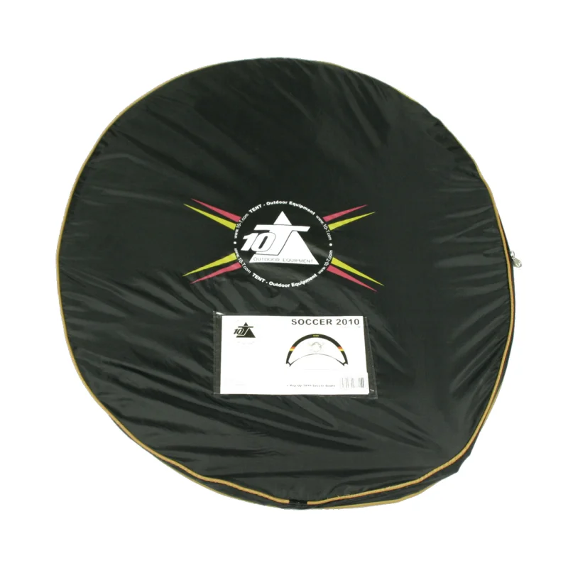Pop-up soccer goal by 10T Outdoor Equipment, folded in a round black carrying bag with German flag accents and product label, portable and suitable for outdoor use, size 120x90cm.