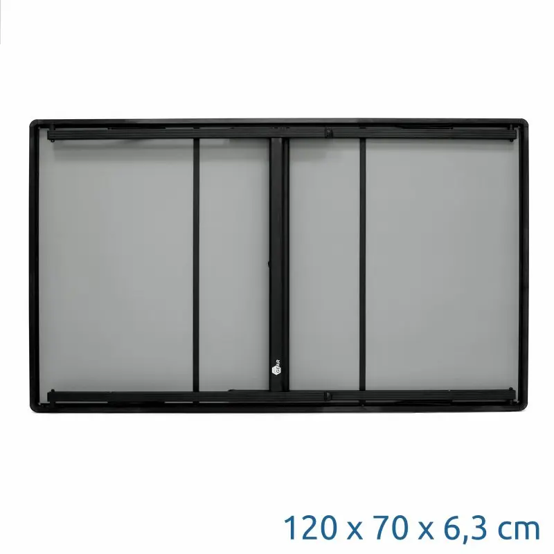 Table de camping your GEAR Tivoli XL plié, structure en aluminium noire, plateau gris en matériau composite, format compact 120 x 70 x 6,3 cm, adapté pour l’extérieur, résistant à l’eau.