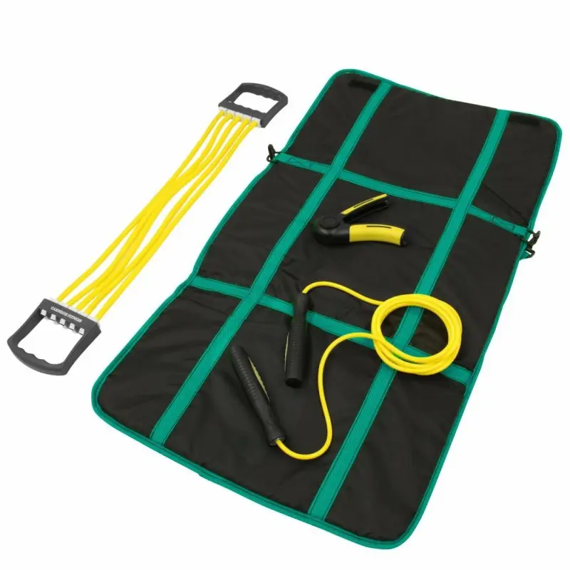 Carnegie Fitness Training Set with yellow expander, finger grip, yellow jump rope, and black exercise mat with green trim, ideal for full-body workouts and resistance training. Fitness accessories arranged on the mat.
