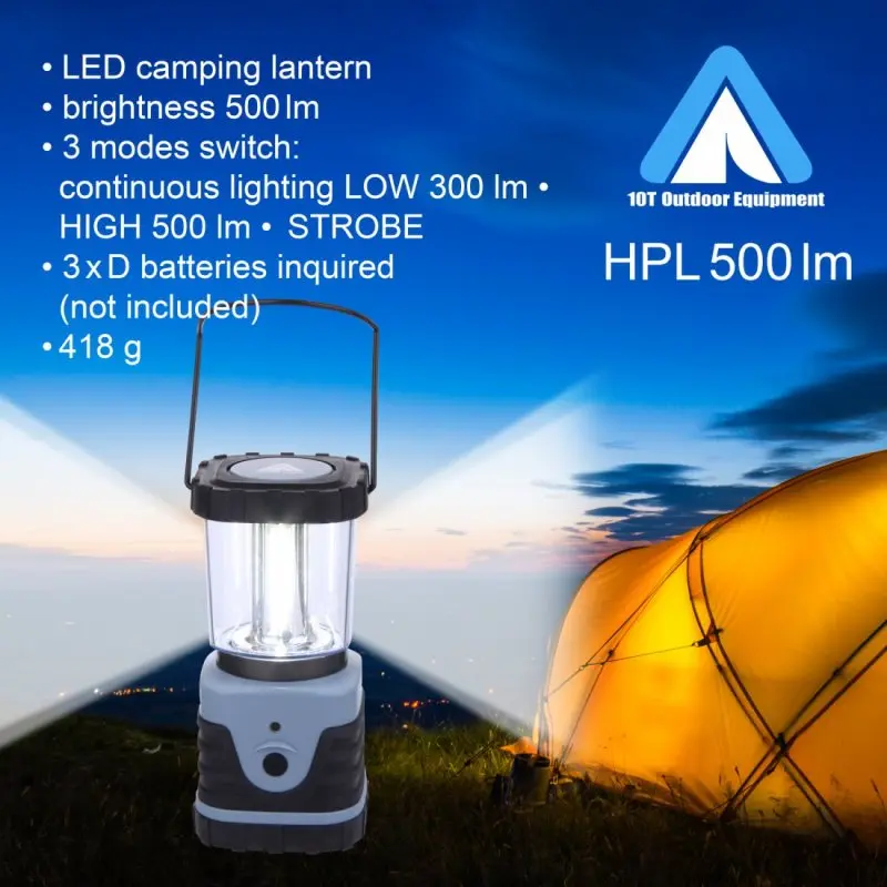 Bright blue 10T HPL 500 camping lantern with 500 lumens, 4 COB LEDs, three light modes, and sturdy handle, shown outdoors near a glowing tent at dusk; ideal for camping and outdoor use.
