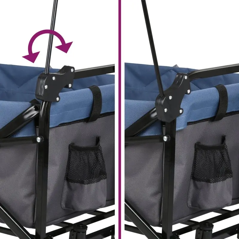 Detailansicht des your GEAR Cirrus XL Bollerwagens: Verstellbare Zugstange, stabile Metallkonstruktion, blaue Stoffwanne, seitliche Netztasche, Fokus auf die flexible Handhabung der Zugvorrichtung.