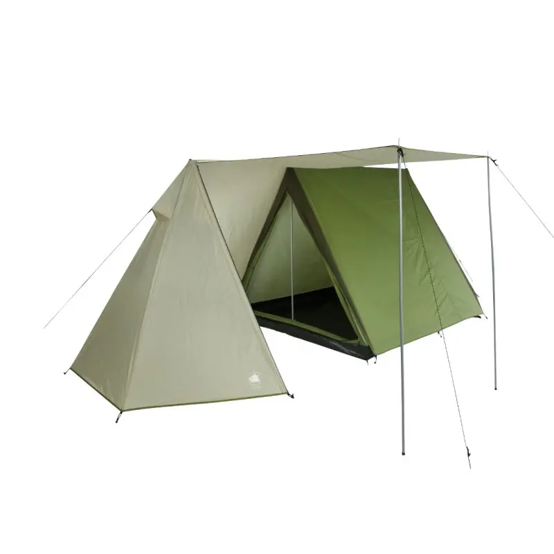 Tente de camping 10T Mungaroo 3 places, couleur vert et beige, avec grand auvent, entrée spacieuse, double toit imperméable 3000mm et hauteur permettant de se tenir debout, adaptée aux familles.