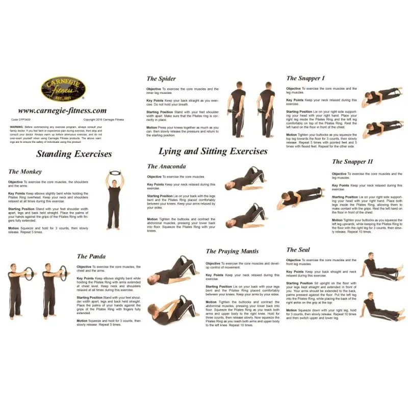 Instruction sheet for the Carnegie Pilates Ring showing exercises with a black resistance ring featuring foam handles. Includes illustrations of a person demonstrating Pilates, yoga, and fitness exercises for core and muscle training.
