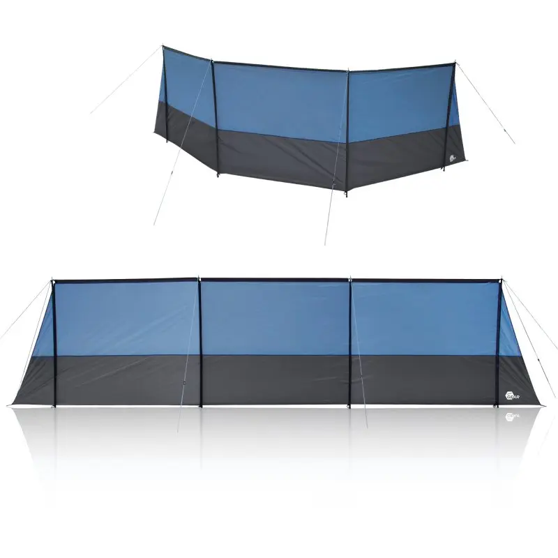 Paravent yourGEAR Levante 600 bleu et gris, 6 m de large, 1,4 m de haut, avec 4 poteaux verticaux et 3 barres transversales, idéal pour plage, camping ou jardin, offrant protection solaire et intimité.