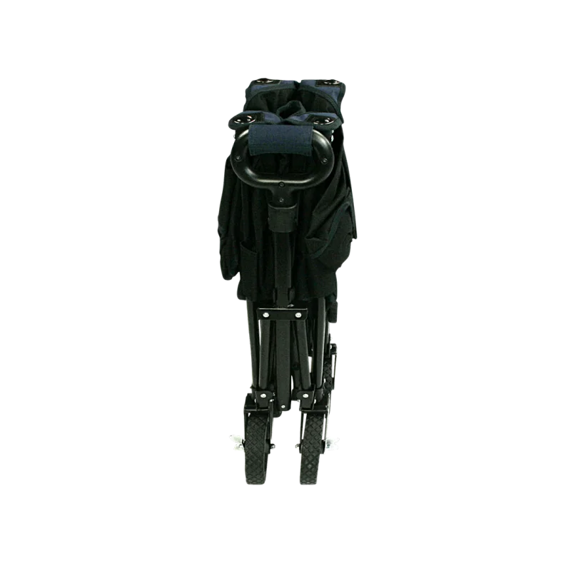 Chariot pliable 10T Foldy Trolley XL noir, vu replié, avec poignée robuste et roues larges, idéal pour la plage, le parc ou les sorties en famille. Compact et facile à transporter.