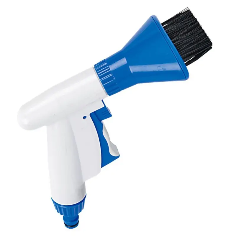 Brosse de nettoyage Jilong pour piscine, avec poignée blanche et bleue, embout à connexion pour tuyau d’arrosage et brosse à poils noirs, idéale pour filtre, paroi ou fond de piscine.
