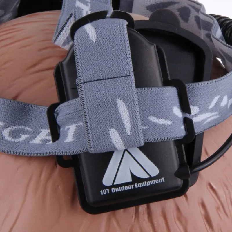 Close-up of the 10T SHL 170 sensor headlamp with adjustable grey strap and visible 10T Outdoor Equipment logo, showing sturdy construction for outdoor activities like hiking, running, and camping.
