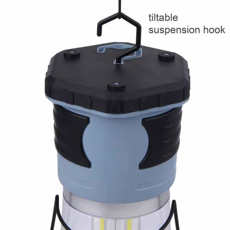 Blue 10T HPL 800 camping lantern with 800 lumens, black non-slip grips, octagonal top, and tiltable suspension hook for easy hanging; features durable, outdoor-ready design.