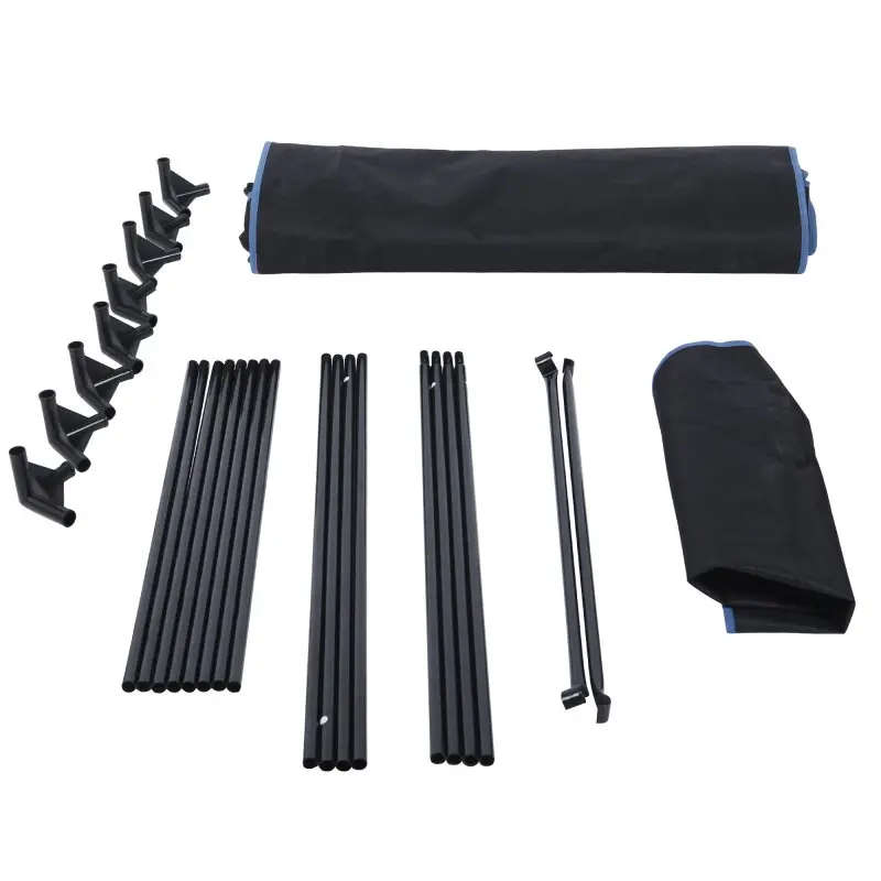 Set yourGEAR Growzelt Plantsville 80x80x180 cm: zerlegte Stangen, Eckverbinder und zwei gefaltete schwarze Zeltplanen, geeignet als Indoor-Growbox für Pflanzenzucht und Indoor-Gewächshaus.