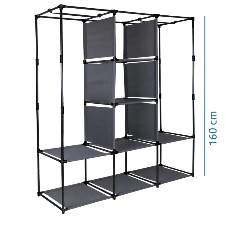 yourGEAR Grado fabric wardrobe, 130x45x175 cm, shown as an open frame with two hanging rails and four shelves, black and grey design, modular storage for clothes, shoes, and accessories. Height marker: 160 cm.
