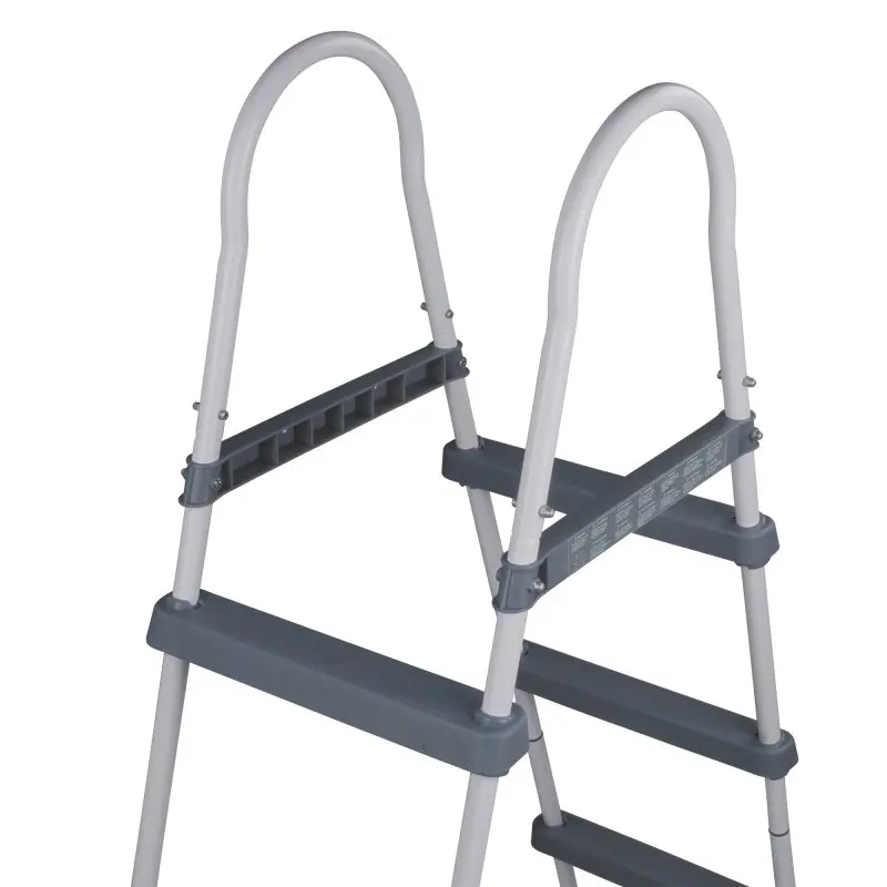 yourGEAR PL90 pool ladder with three wide, non-slip gray steps and sturdy white handrails, designed for above ground pools up to 90 cm wall height; ideal for safe entry and exit.