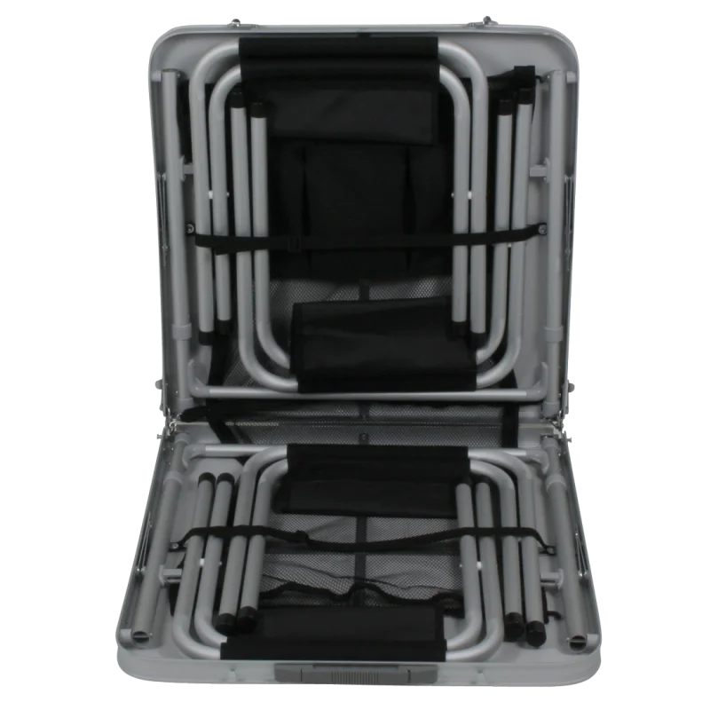 Set de table de camping 10T Portable Family pour 4 personnes, plié dans une valise alu compacte. Tubes en aluminium et sièges noirs visibles, idéal pour le camping, facile à transporter et à ranger.