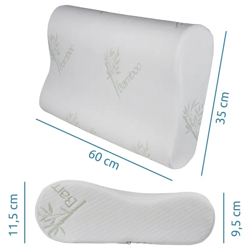 Cuscino ortopedico memory foam yourGEAR 60x35x11,5 cm, forma ergonomica, rivestimento ipoallergenico in bambù bianco con motivo bamboo, ideale per dormire supini e laterali, misure evidenziate nell’immagine.