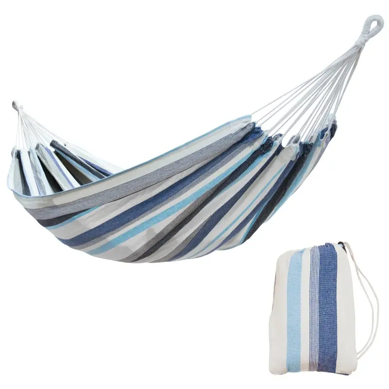 Hamac yourGEAR Maui Aqua 200x120 cm en coton, rayé bleu et blanc, grande capacité 240 kg, avec cordes de suspension et sac de rangement assorti, idéal intérieur/extérieur.