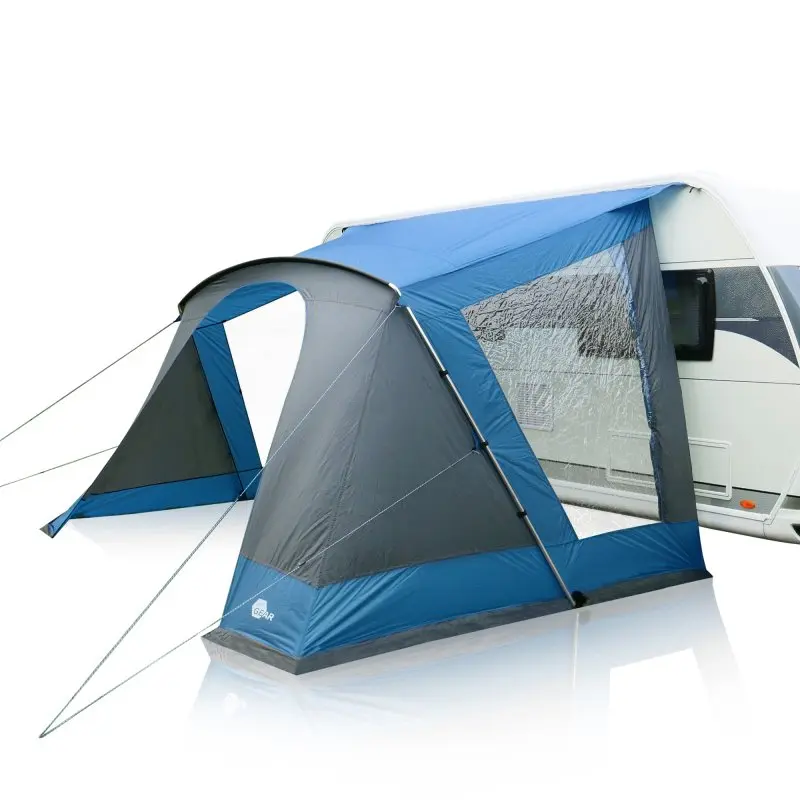 Blau-graues your GEAR Sharki 330 Wohnwagen Sonnendach mit Alugestänge, zwei großen transparenten Seitenfenstern, befestigt am Caravan, geeignet als Vorzelt für Camping und Kurzurlaube.