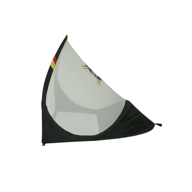 Pop-up soccer goal 120x90cm by 10T, portable and self-erecting, with black frame and net in Germany colors, ideal for outdoor use in garden, park or travel, shown from the side.