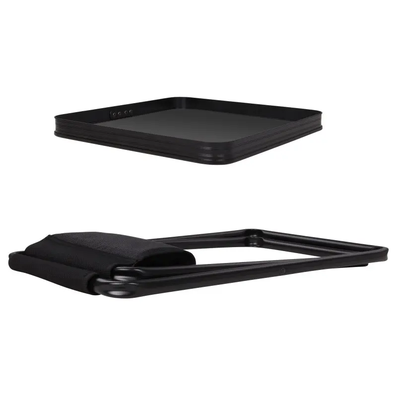 yourGEAR Tavolino3D Klapphocker aus Aluminium mit schwarzer 3D Mesh Polsterung und abnehmbarer, quadratischer Tischplatte, beide Teile kompakt zusammenklappbar für Camping oder Outdoor-Einsatz.