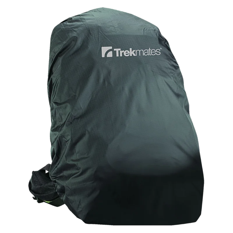 Housse de pluie noire Trekmates pour sac à dos 35-45L, légère, 100% étanche, en nylon, avec logo Trekmates visible. Protection compacte et durable pour le camping et la randonnée.