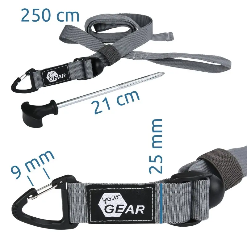 Set de 4 sangles de tension your GEAR gris avec mousqueton, longueur 250 cm, largeur 25 mm, piquet de fixation 21 cm, boucle, idéal pour tente, auvent, accessoires camping et extérieur.