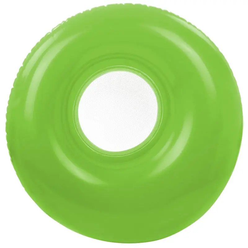 Green Jilong pool lounge chair, round shape, 118 cm diameter, made of durable vinyl with mesh center. Ideal for pool, beach, or lake. Comfortable water seat for adults and kids, features integrated drink holder.