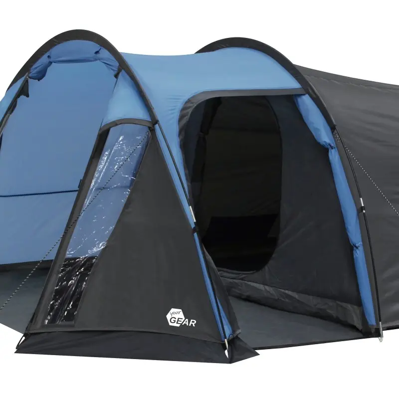 your GEAR Sopero 4 tunnel tent for 4 people, blue and black, with side entrance, large vestibule, window, and waterproof material. Ideal for trekking, camping, and festivals.