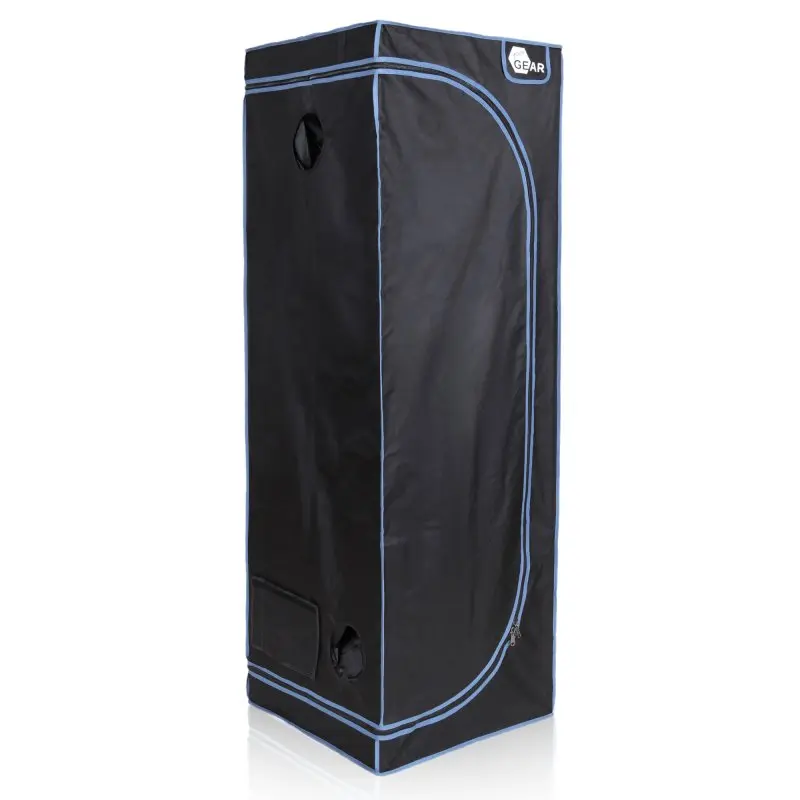 Growzelt yourGEAR Plantsville, schwarzes Indoor Zuchtzelt mit blauen Nähten, Größe 60x60x180 cm, rechteckige Form, Belüftungsöffnungen, Reißverschluss und yourGEAR Logo oben vorne.