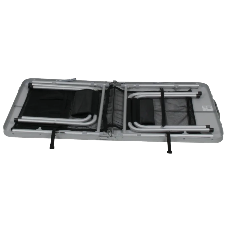 Table de camping pliant 10T Portable Family en aluminium pour 4 personnes, avec tabourets repliés à l’intérieur du plateau, format valise compact, idéal pour pique-nique et camping en plein air.