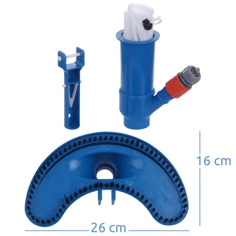 yourGEAR Pool Venturi vacuum JV-C set: blue ABS plastic pool vacuum head with nylon bristles, hose connector, collection bag, and adapter. Dimensions: 26 cm wide, 16 cm high. Suitable for garden hose connection.