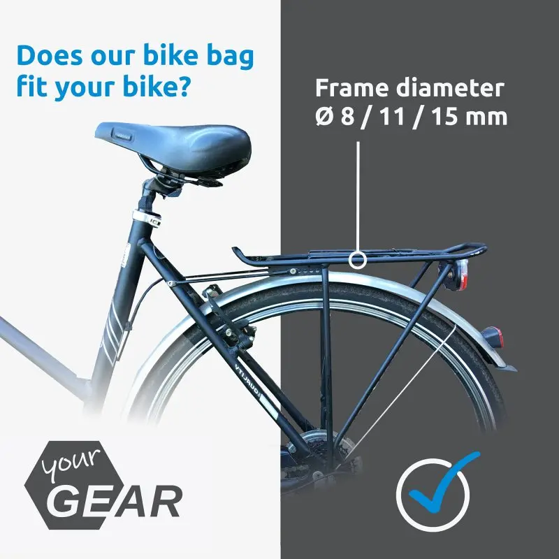 Bicicleta con portaequipajes trasero compatible con la yourGEAR Comano 23L, mostrando diámetros del marco de 8, 11 y 15 mm, ideal para instalar la bolsa impermeable multifunción para ciclismo y oficina.