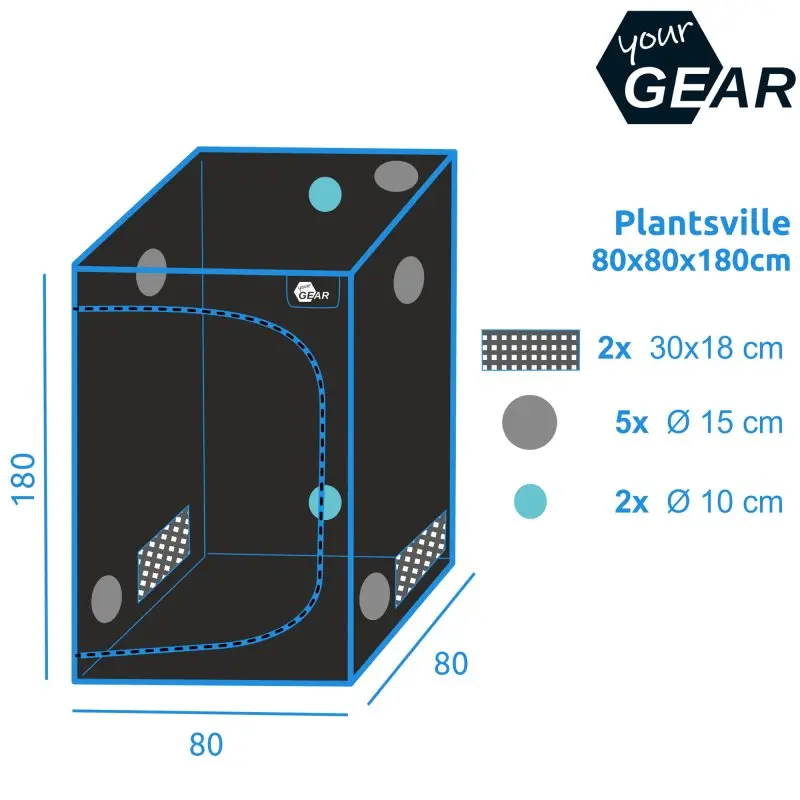 Growzelt yourGEAR Plantsville, Maße 80x80x180 cm, schwarzes Indoor-Zuchtzelt mit mehreren Belüftungsöffnungen (2x 30x18 cm, 5x Ø15 cm, 2x Ø10 cm), ideal für Pflanzenanzucht, mit yourGEAR Logo.