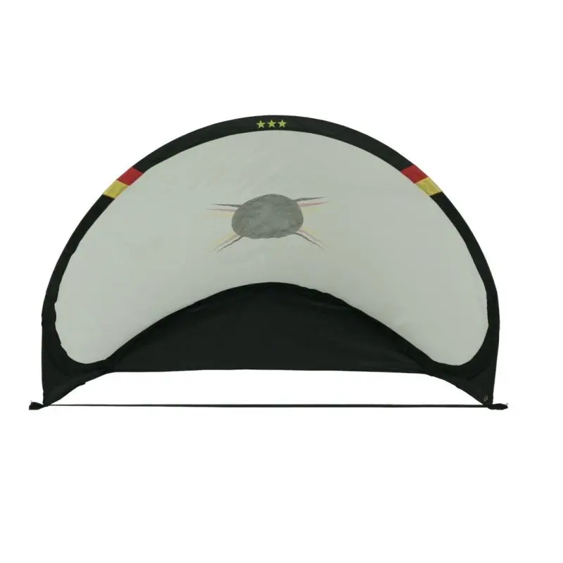 10T Soccer Goal pop-up football goal, 120x90cm, semi-circular design with black frame, German flag colors on the sides, three yellow stars and soccer ball print on white net, portable and self-erecting.