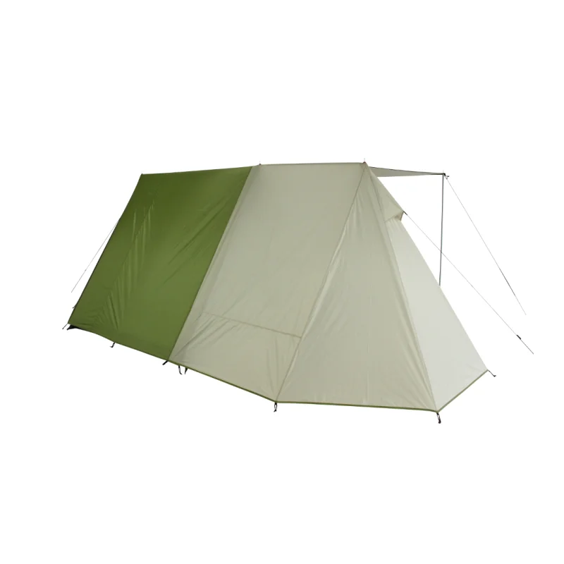 Tente de camping 10T Mungaroo 3 places, imperméable 3000mm, forme de maison, couleur vert et beige, grande hauteur de plafond, idéale pour familles ou groupes, visible avec haubans et structure stable.