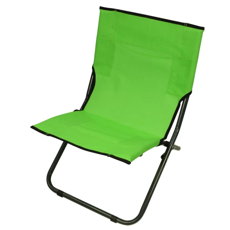 Green Fridani BCG XL folding beach and camping chair with breathable fabric seat and backrest, black metal frame, and carry handle; compact, lightweight design ideal for outdoor activities.