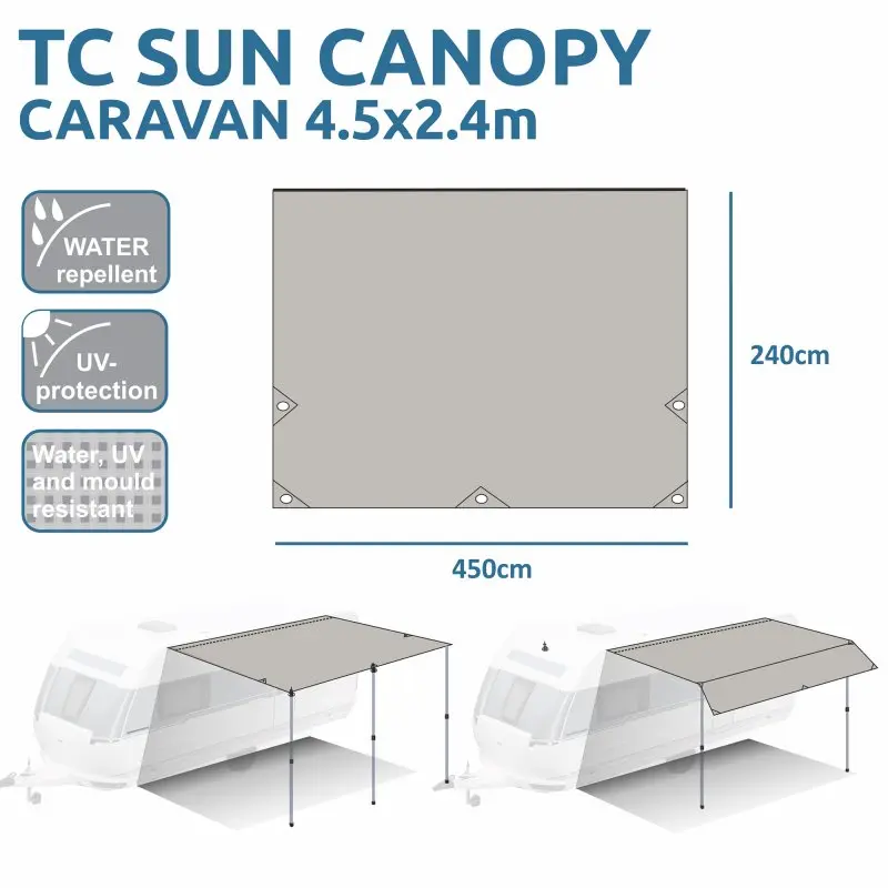 your GEAR Caravan Tarp TC 450 x 240 cm, rechteckiges Sonnendach aus Baumwollmischgewebe, wasserabweisend, UV-beständig, mit 3 Alu-Teleskopstangen, für Wohnwagen, zeigt Befestigungsoptionen und Maße.
