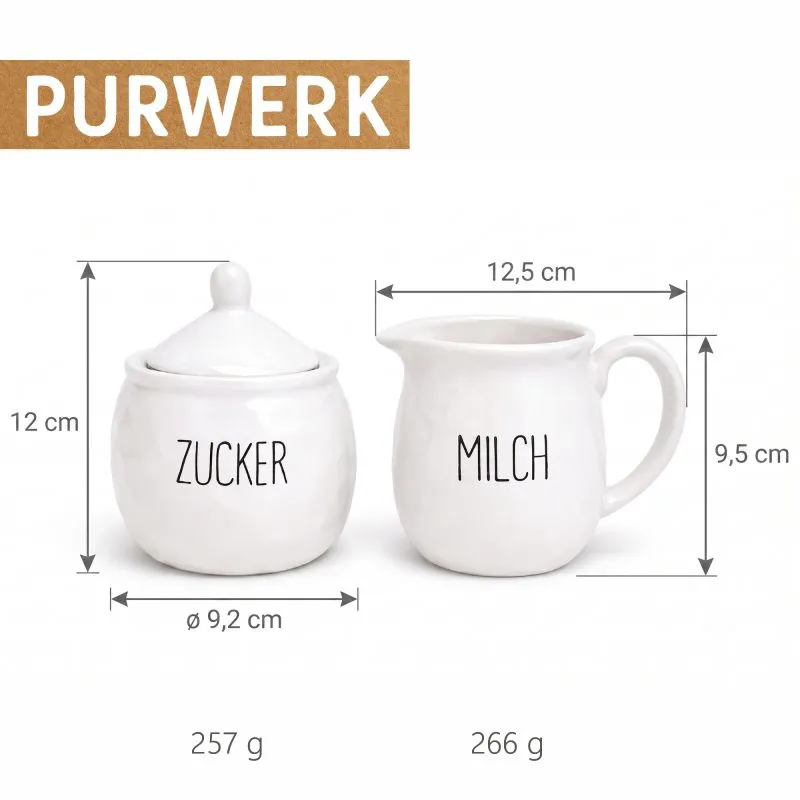 PURWERK Milch und Zucker Set Weiß Keramik – Hammerschlag-Design