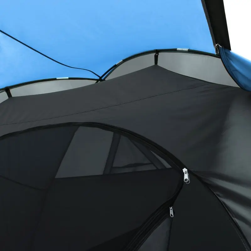 Détail du your GEAR Tivano 5, tente dôme pour 5 personnes, couleur bleu et gris, montrant la structure robuste, la toile imperméable 5000 mm et la grande entrée latérale avec fermeture éclair.