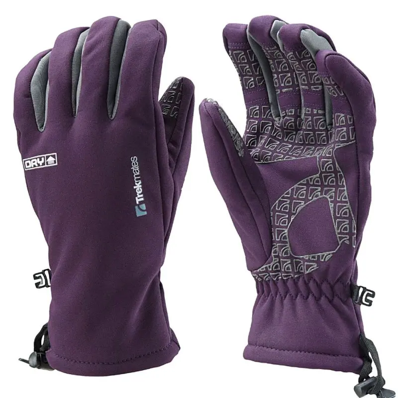 Purple Trekmates Robinson Glove Women XS, softshell gloves with DRY technology, waterproof, windproof, breathable, soft lining, pre-curved fingers, grip surface, and adjustable cuffs.