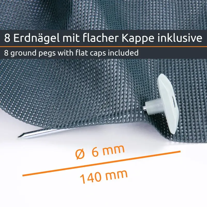 Tapis de sol extérieur your GEAR 250 x 300 cm, structure à mailles ouvertes avec piquet de fixation à tête plate, diamètre 6 mm, longueur 140 mm, inclus 8 piquets, surface grise aérée.