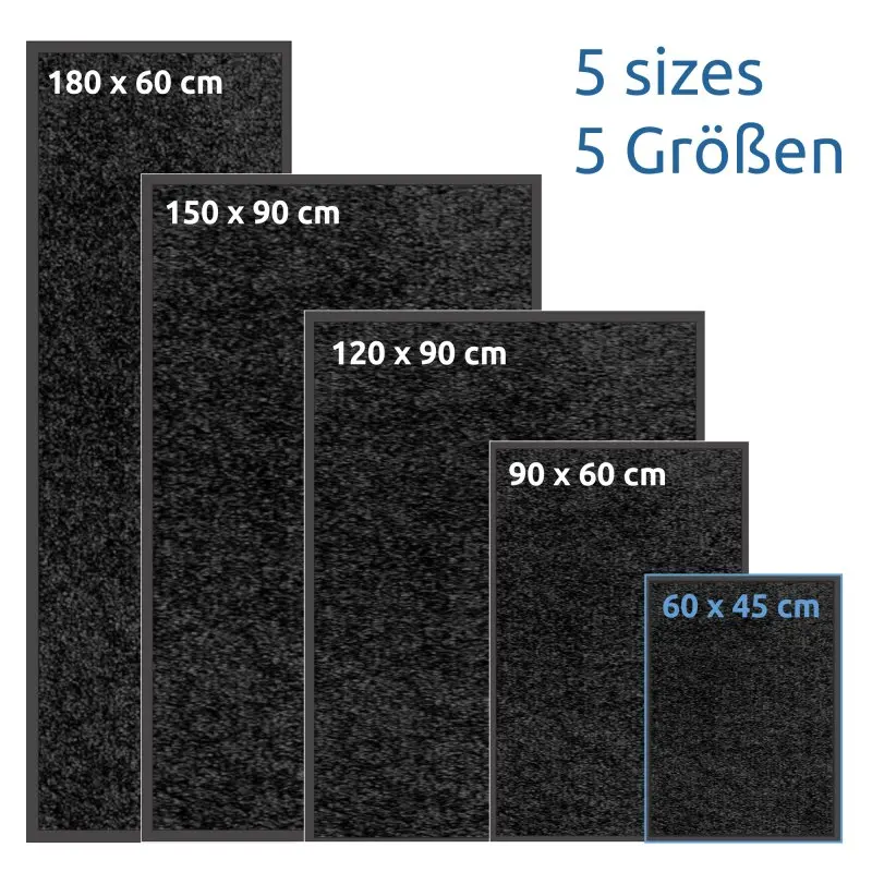 yourGEAR Schmutzfangmatte, abgebildet in 5 Größen (180x60, 150x90, 120x90, 90x60, 60x45 cm), schwarze, dichte Anti-Slip-Fußmatte für innen und außen, waschbar, rechteckig, mit umlaufender Kante.