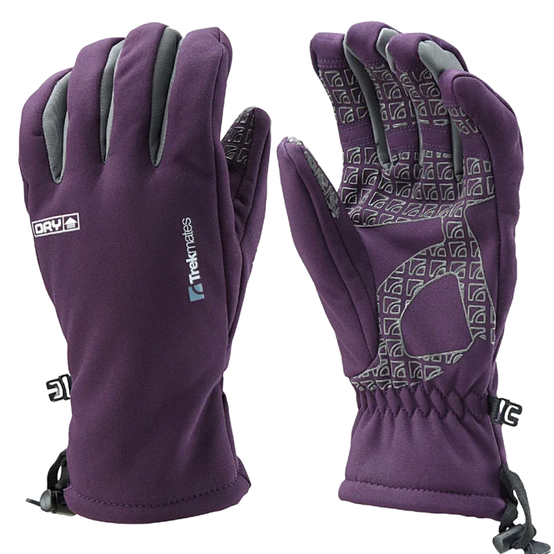 Purple Trekmates Robinson women’s XS softshell gloves with DRY technology, waterproof, windproof, breathable, featuring pre-curved fingers, soft lining, and grippy patterned palm for optimal warmth and comfort.