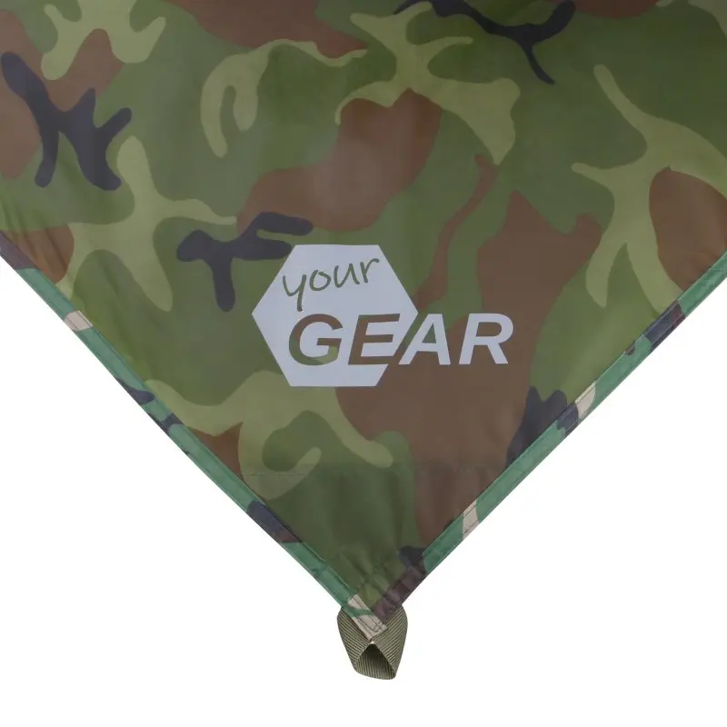 Tarp Bushcraft yourGEAR 3x3 m en motif camouflage, logo yourGEAR visible, tissu robuste et imperméable, boucle de fixation renforcée, protection UV 50+, idéal pour camping et outdoor.