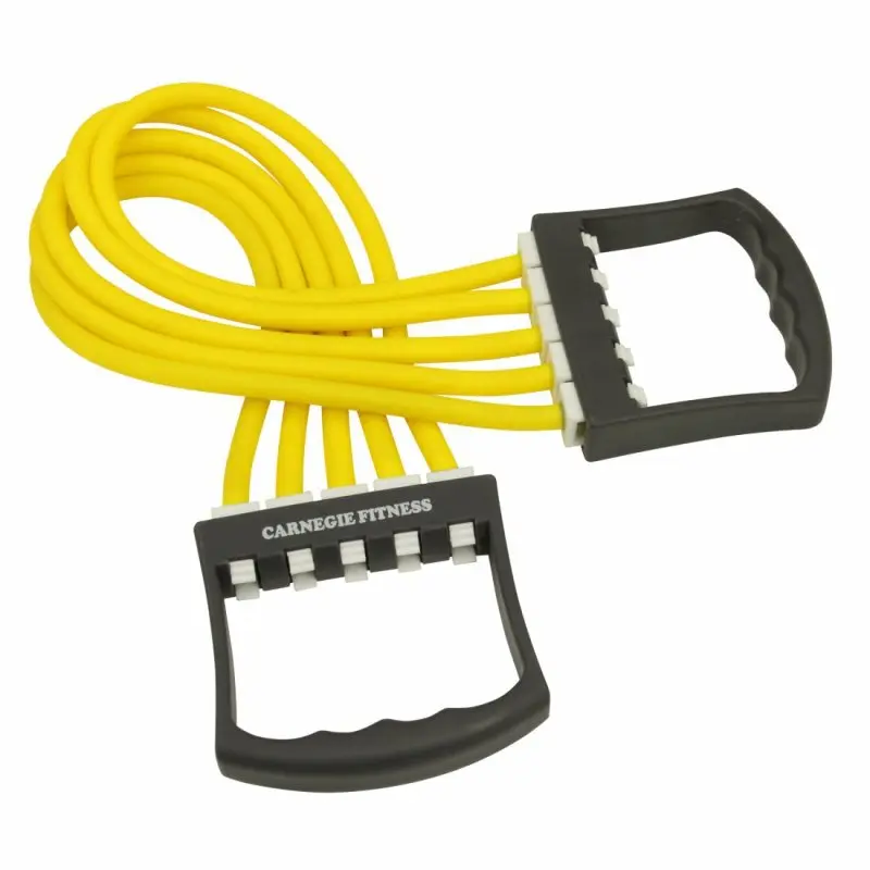 Carnegie Fitness resistance expander with five yellow elastic tubes and two black ergonomic handles, designed for full-body workouts and strength training. Brand name visible on handle.