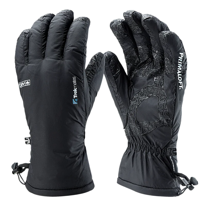 Black Trekmates Kinner XS women’s gloves with DRY waterproof membrane, PrimaLoft insulation, textured grip on palm, elastic wrist, and branding on back and cuff. Warm, breathable, and lightweight design.
