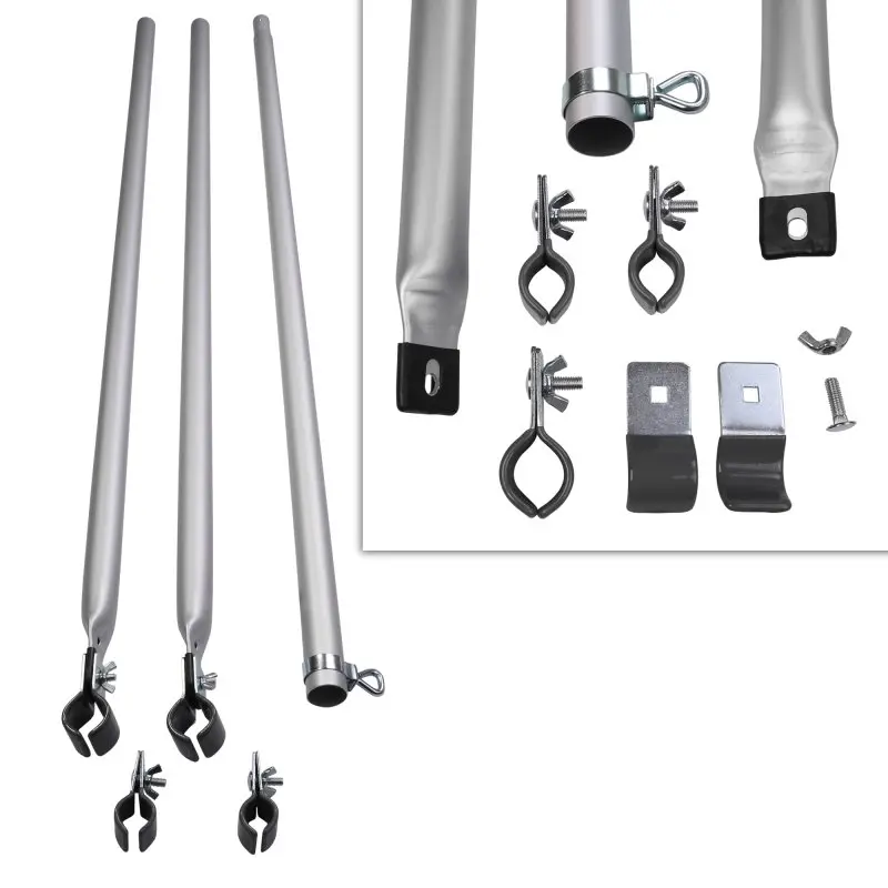 Aluminium telescopic veranda pole set by your GEAR, three-piece, matte finish, adjustable length with clamps, wing screws, and mounting brackets, suitable for 22-32 mm awning frames, shown with all included accessories.
