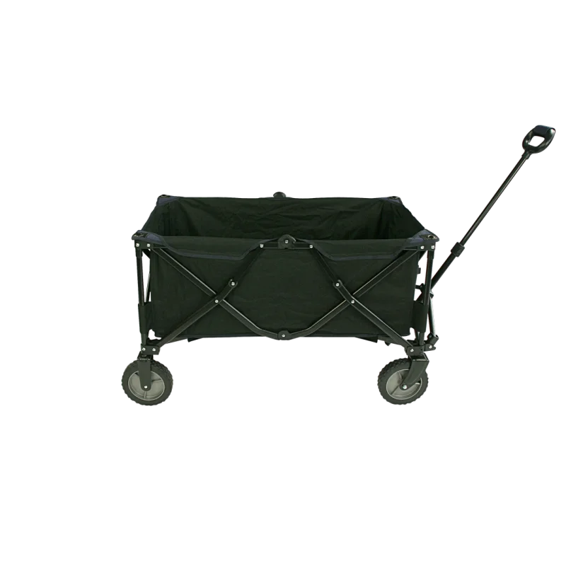 Chariot pliable 10T Foldy Trolley XL noir, structure métallique robuste, quatre roues solides, poignée de traction ergonomique, idéal pour plage, parc ou sorties en famille, facile à transporter et à ranger.