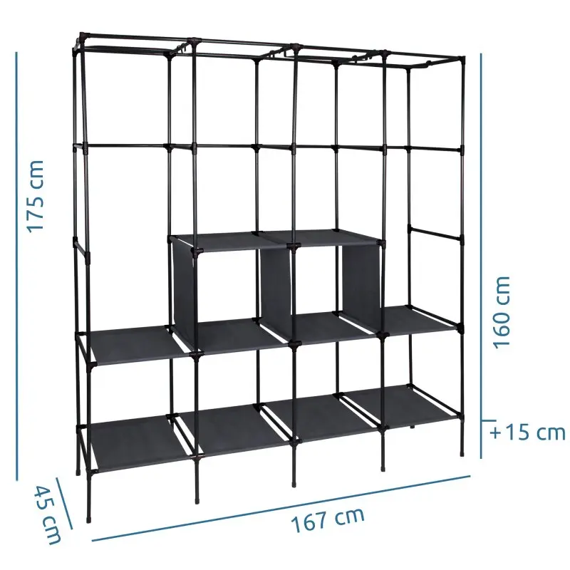 Kleiderschrank yourGEAR Grado 167x45x175cm, schwarz-grau, mit 4 Kleiderstangen und 10 Ablagen, offenes Gestell, viel Stauraum, Maße und Aufteilung gut sichtbar, ideal für Kleidung und Accessoires.
