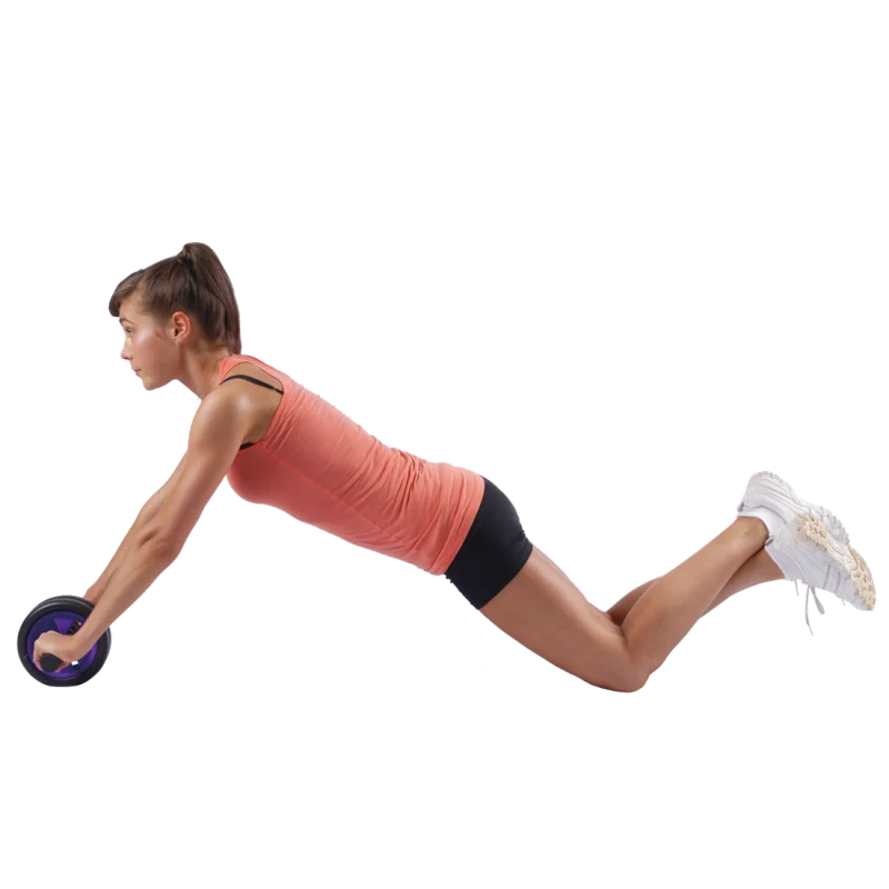 Woman using Spirit Carnegie Ab Toner Roller with dual wheels, kneeling on the floor, demonstrating abdominal workout. Fitness equipment for strengthening abs and back muscles, suitable for home or gym use.