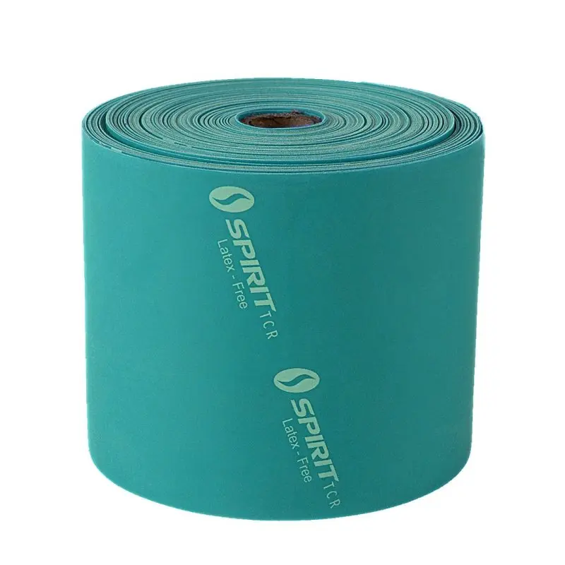 Spirit Fitnessband latex-free resistance band, teal color, 22.8 meter roll, 13.5 kg resistance, with "Spirit TCR Latex-Free" branding visible on the band, ideal for versatile strength and rehab training.