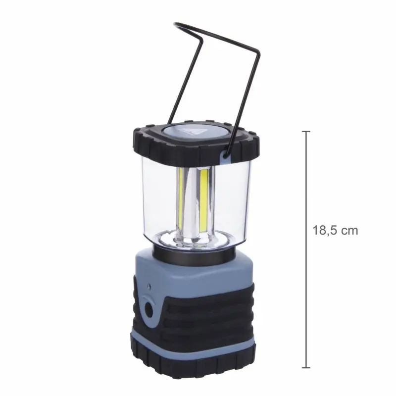 Blue 10T HPL 500 camping lantern with 4 COB LEDs, 500 lumens, 12W power, black handle, robust design, 18.5 cm tall, suitable for outdoor use.