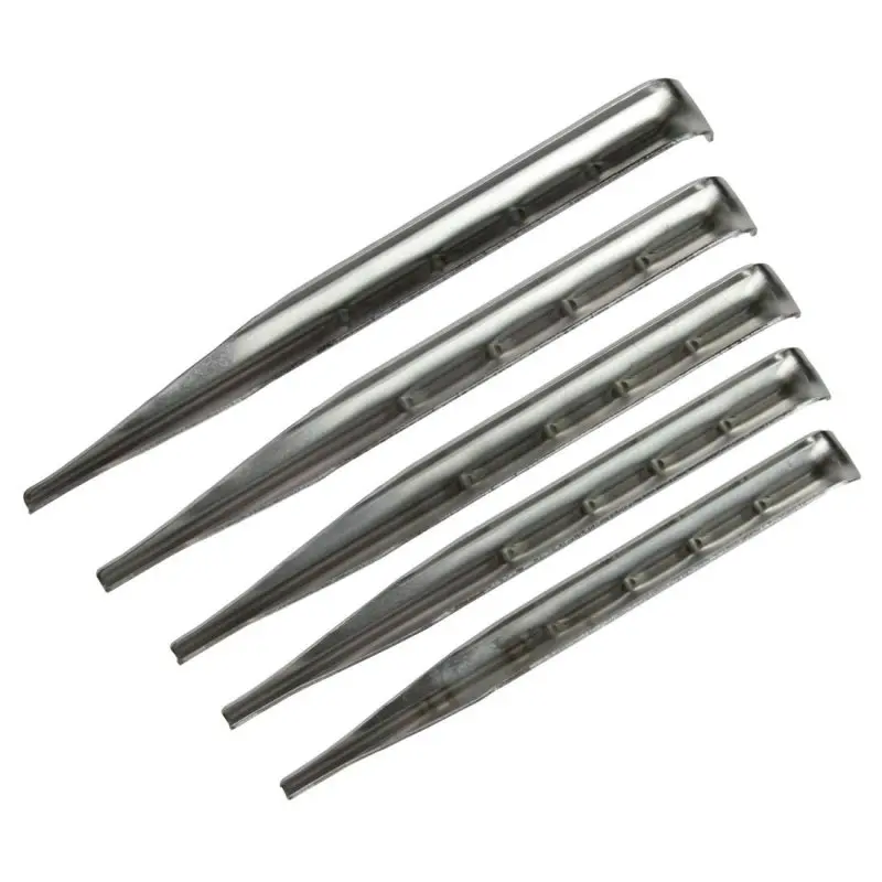 Set di 5 picchetti da tenda 10T PEG IT VP-18DA in alluminio, profilo a V, dimensioni 18x180mm, ideali per terreni normali. Design robusto e leggero, superficie argentata, forma appuntita.